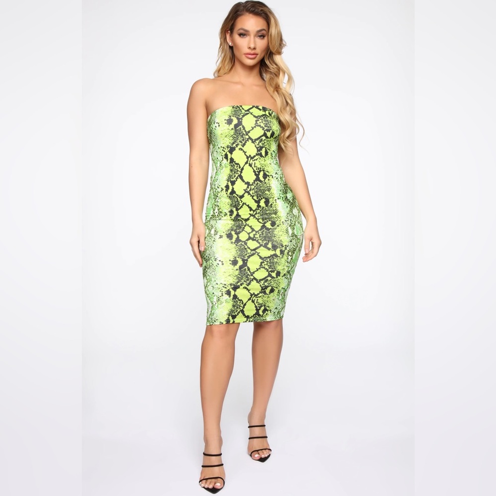 Fashion Nova Neon Green Snakeskin Tube Midi Dress